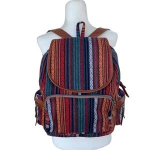 Striped Colorful Woven Backpack with Pleather Straps
